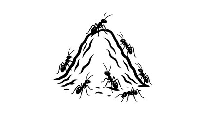 A group of ants are gathered around an anthill on a white background.