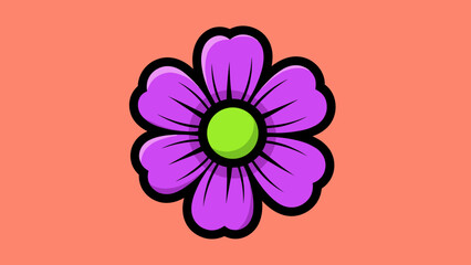 A cartoon flower with purple petals and a green center on a peach background.