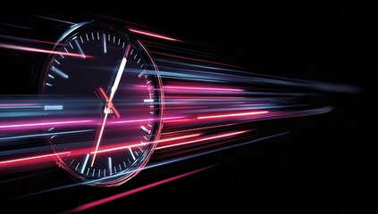 Speed and time concept with clock and neon light trails