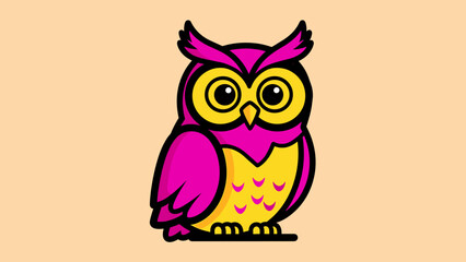 Cartoon owl with pink feathers and yellow belly on a beige background.