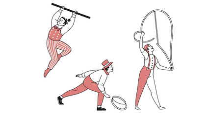 Three circus performers engage in various acrobatic and juggling acts.