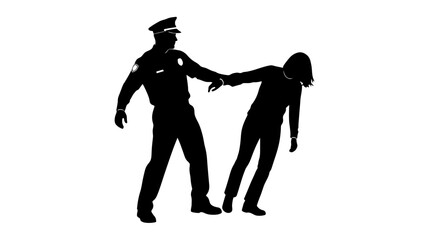 Police officer detains a person in silhouette against a white background.