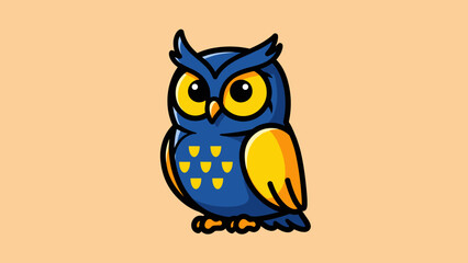 Obraz premium Cartoon owl with blue feathers and yellow accents on a peach background.