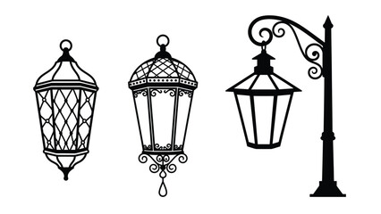 Three ornate street lamps and lanterns are depicted in silhouette.