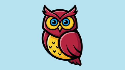 Obraz premium Cartoon owl with red feathers, yellow eyes and belly, on a light blue background.