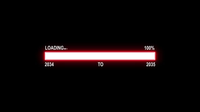 Loading Bar Showing Progress From Year 2034 To 2035 With 100 Percent Complete progress bar progress indicator. 4K motion animation on a transparent background alpha channel.