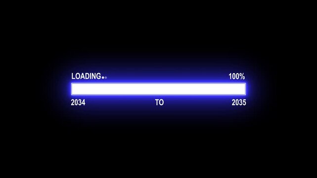 Loading Bar Showing Progress From Year 2034 To 2035 With 100 Percent Complete progress bar progress indicator. 4K motion animation on a transparent background alpha channel.