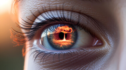 An eye reflecting a nuclear explosion: a symbol of inner fear, global threat, and human perception of disaster