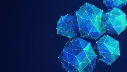 Abstract polygonal shapes with glowing lines and dots on a dark blue background, representing technology and connection.