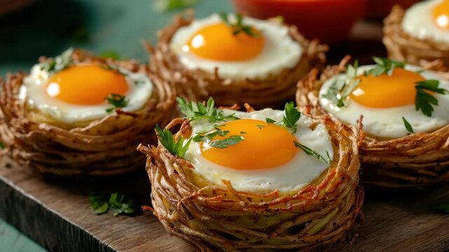 A gourmet dish featuring perfectly cooked fried eggs with runny yolks sitting atop crispy potato nests. Seasoned with fresh parsley and ready to serve on a wooden cutting board.
