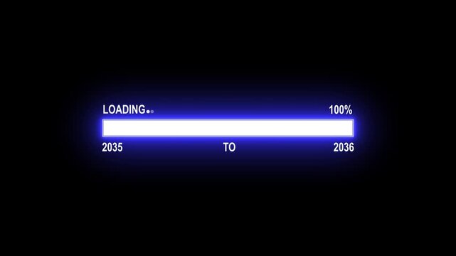 Loading Bar Showing Progress From Year 2035 To 2036 With 100 Percent Complete progress bar progress indicator. 4K motion animation on a transparent background alpha channel.