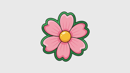 Illustration of a pink flower with green outline and yellow center on a white background.