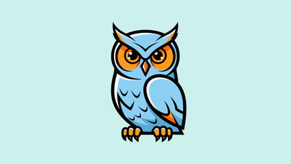 Cartoon owl with blue feathers and orange eyes, perched against a light blue background.