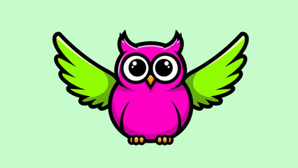 Fototapeta premium Cartoon owl with bright pink body and green wings against a light green background, eyes wide open.