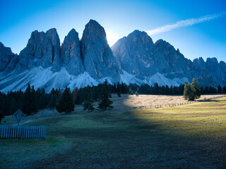 On the paths to the Odle Group - a mountain range in the Dolomites. The most beautiful hike in the Puez-Odle Nature Park. Dolomites, Italy.