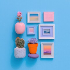 Fototapeta premium A charming pixel art composition featuring potted succulents and a vase with a flower, alongside miniature framed landscape artworks.