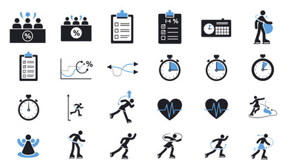 A collection of diverse icons representing sports activities, fitness tracking, business meetings, and performance metrics.