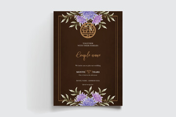 WEDDING INVITATION FRAME WITH FLOWER DECORATIONS AND FRESH LEAVES