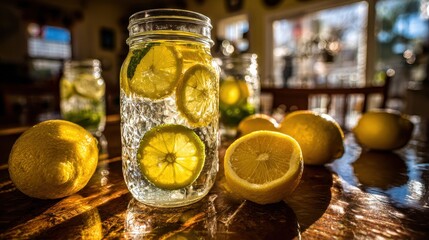 Close up of clear water with lemon and lime slices in mason jars garnished with whole and halved lemons sparkling in natural sunlight on a textured wooden surface.