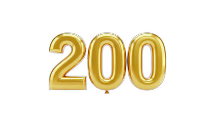 Golden Balloon Number 200 on White Background