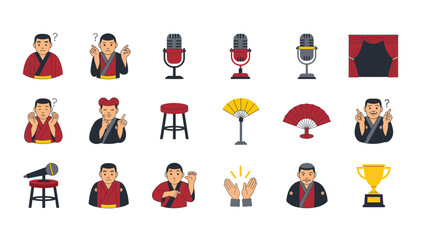 A collection of icons representing traditional Japanese storytelling or comedy, featuring performers, microphones, fans, and stage elements.
