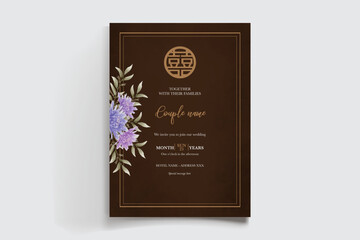 WEDDING INVITATION FRAME WITH FLOWER DECORATIONS AND FRESH LEAVES
