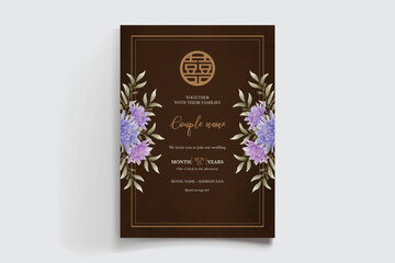 WEDDING INVITATION FRAME WITH FLOWER DECORATIONS AND FRESH LEAVES