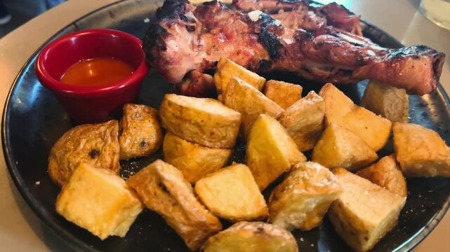 Grilled chicken leg with fried potatoes and chili sauce on a plate. High quality 4k footage