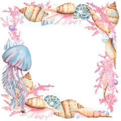 Decorative frame of beautiful seashells, corals, pearls and jellyfish. Underwater world clipart. Sea bottom objects. Hand-drawn watercolor illustration for sea-themed design, packaging, postcards