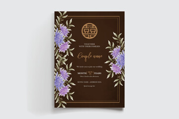 WEDDING INVITATION FRAME WITH FLOWER DECORATIONS AND FRESH LEAVES