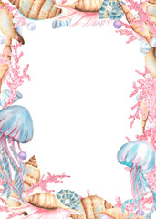 Rectangular frame of underwater world objects. Seashells, pink corals, pearls and jellyfish. Sea life clipart. Sea bottom objects. Hand-drawn watercolor illustration for sea-themed design, packaging