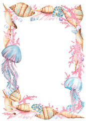 Rectangular frame of seashells, corals, pearls and jellyfish. Underwater world clipart. Sea bottom objects. Hand-drawn watercolor illustration for sea-themed design, packaging, postcards