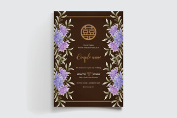 WEDDING INVITATION FRAME WITH FLOWER DECORATIONS AND FRESH LEAVES