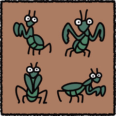 Hand-Drawn Praying Mantis Illustration Set, Predatory Insect Educational Cartoon