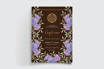 WEDDING INVITATION FRAME WITH FLOWER DECORATIONS AND FRESH LEAVES