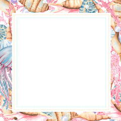 Square frame of seashells, corals, pearls, jellyfish and copy space for text. Sea life clipart. Sea bottom objects. Underwater world clipart. Hand-drawn watercolor illustration for sea-themed design