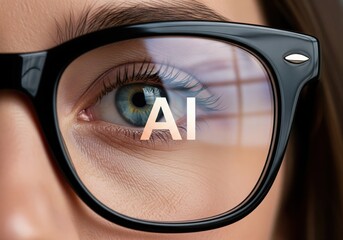 Close-up of a human eye behind smart glasses with AI reflection, symbolizing artificial intelligence, digital vision, innovation, data analysis, technology