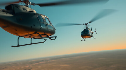 Two helicopters soar across the sky, their blades a blur of motion against the backdrop of a sunset-kissed horizon. Freedom in flight! #Helicopters #Aviation