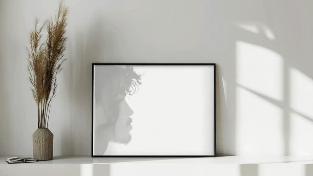 Video A framed portrait of a woman's face sitting on a shelf, perfect for home decor or office use