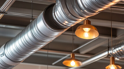 Ceiling view featuring a spiraled metal pipe and hanging lights. The image showcases industrial design elements, blending functionality with aesthetic appeal.
