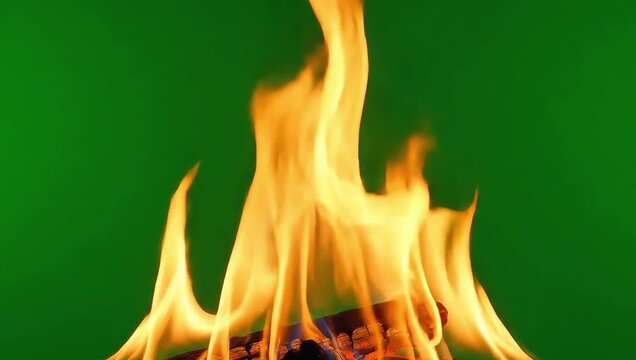 Vibrant flames engulfing wooden logs against green background