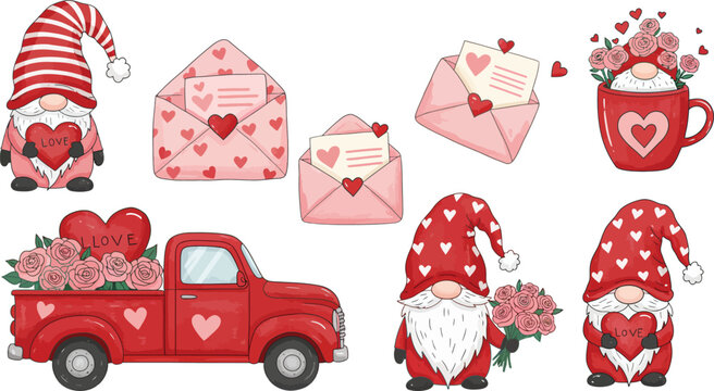 Valentine s day gnomes and truck with hearts and flowers decorations