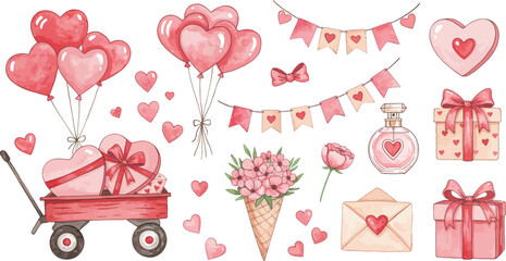 Watercolor valentine s day decorations and gifts in pastel pink hues