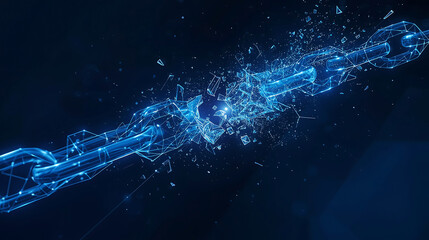 broken blue neon chain link shattered into pieces on dark background