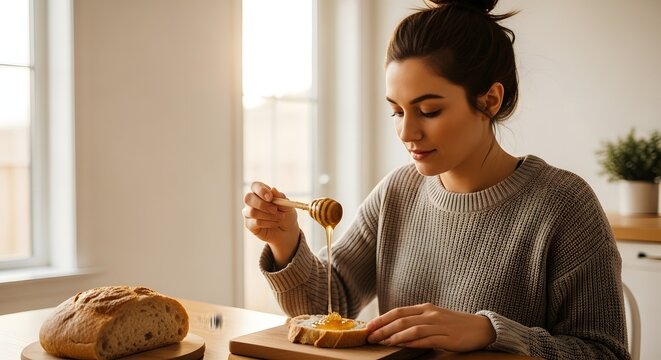 A young woman is using a honey dipper to drizzle natural honey over a slice of bread for a healthy breakfast concept