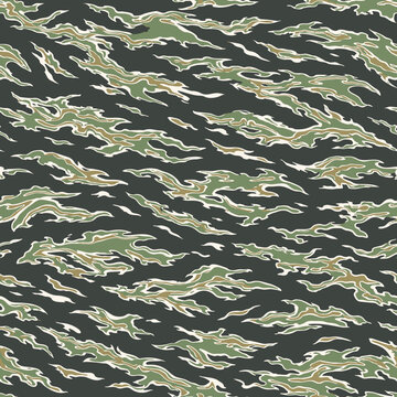Seamless tiger stripe camouflage pattern background
Military jungle camo vector texture in green and black