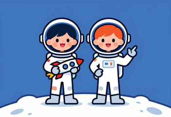 Fototapeta premium Two cartoon astronauts in white suits stand on a blue surface holding a rocket