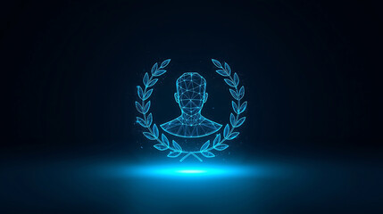 Glowing blue wireframe human head with laurel wreath on dark background