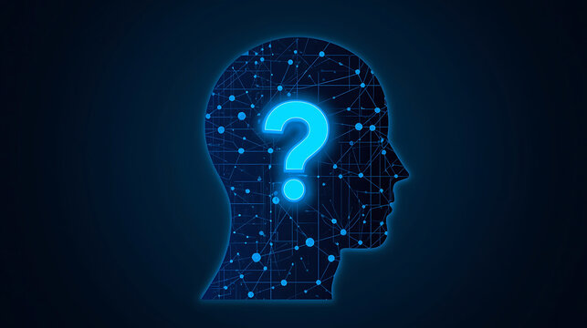 Glowing blue question mark in human head silhouette with network connections - Powered by Adobe