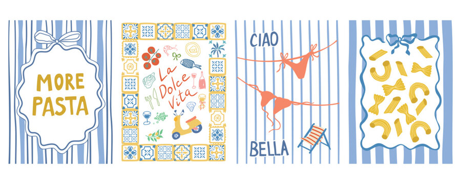 Italian la Dolce Vita cartoon summer poster set. Vacation in Italy. Hand drawn Mediterranean card collection with blue striped background, pasta, bikini, Italian text Cao bella. Vector illustration.